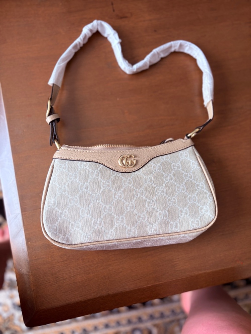 Beige GG Style Monogram Mini Shoulder Bag Gold Logo Chic Designer Look